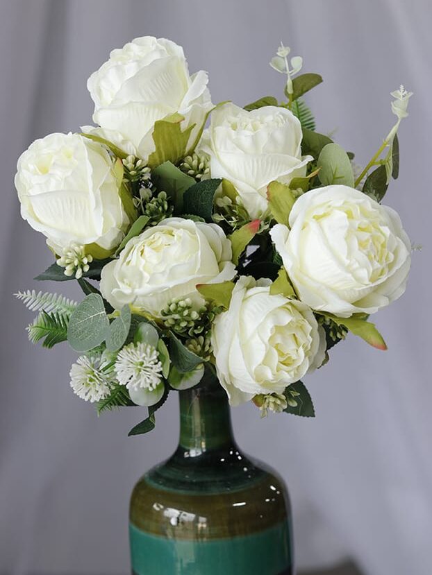 Rosa con Follaje por 10 – Blanco - Flores Artificiales Envios a Bogotá y toda Colombia | Dkora Colombia