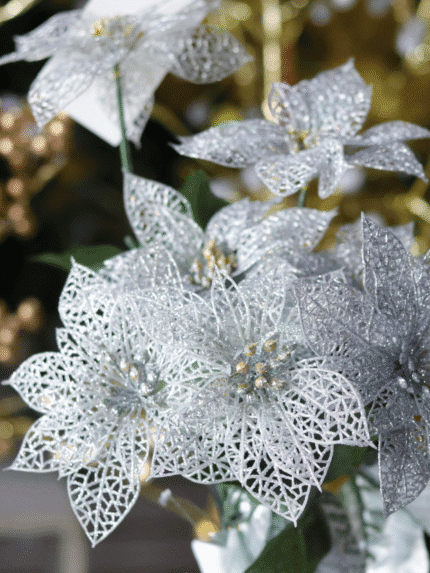 Flor de Navidad por 12 – Plata Brillante - Decora tu Navidad Envios a Bogotá y toda Colombia | Dkora Colombia