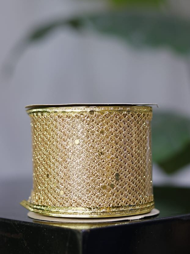 Cinta 10 yardas – Malla dorada con lentejuelas, escarcha y alambre - Cintas Envios a Bogotá y toda Colombia | Dkora Colombia