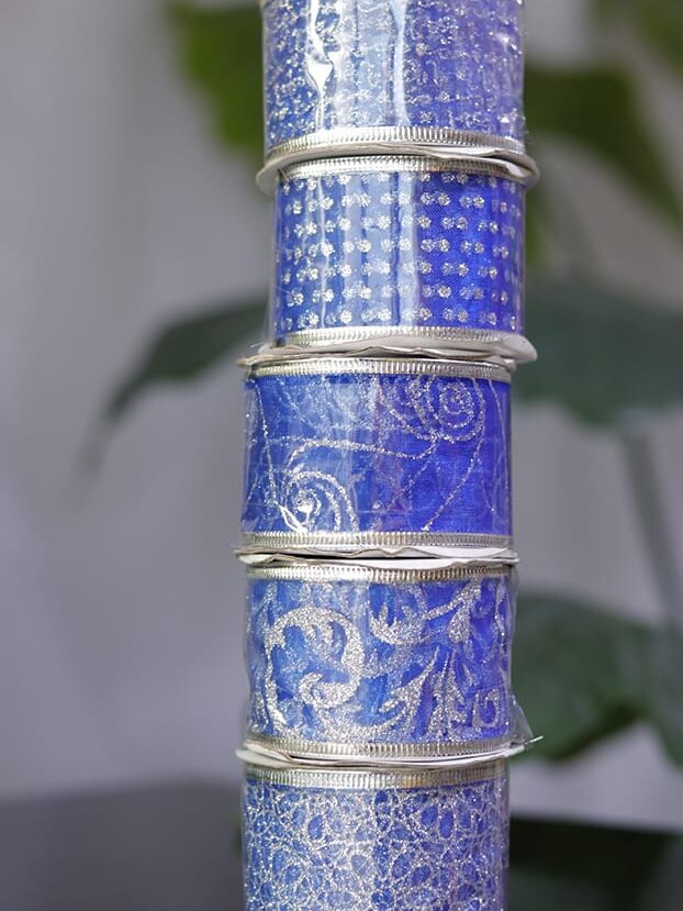 Cinta de organza en velo azul con detalles plateados y borde alámbrico, translúcida - Cintas Envios a Bogotá y toda Colombia | Dkora Colombia