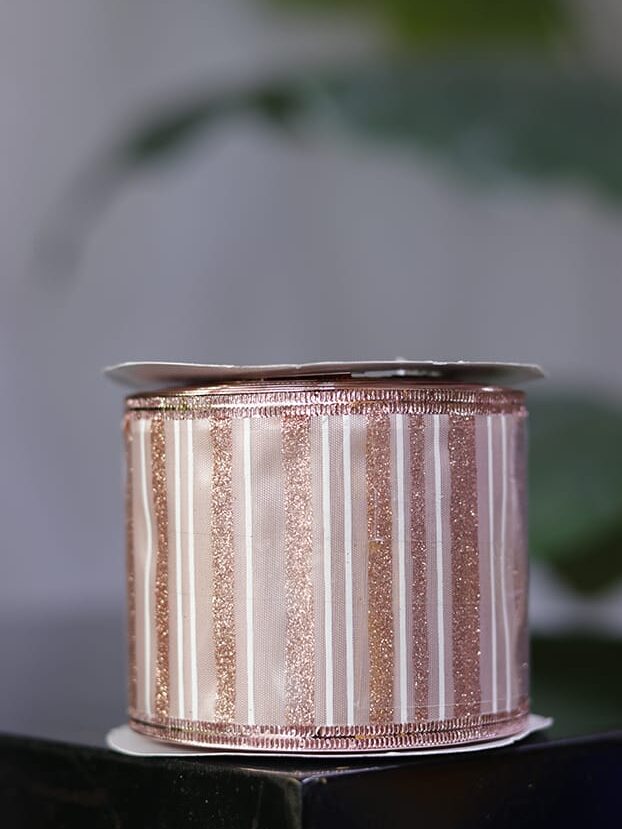 Cinta de organza con líneas oro rosa y blancas, borde alambrado - Cintas Envios a Bogotá y toda Colombia | Dkora Colombia