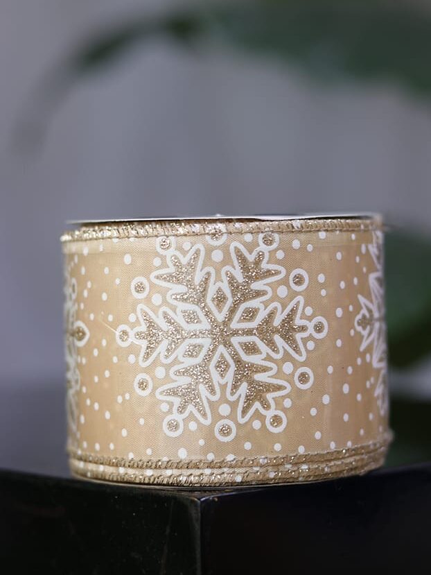 Cinta jacquard dorada con copos escarchados y borde alambrado - Cintas Envios a Bogotá y toda Colombia | Dkora Colombia