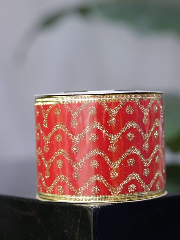 Cinta roja de poliéster alambrada dorado, ondas y puntos, 10 yardas - Cintas Envios a Bogotá y toda Colombia | Dkora Colombia