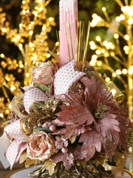 Arreglo Navideño con vela. Palo Rosa y Dorado - Arreglos Navideños Envios a Bogotá y toda Colombia | Dkora Colombia