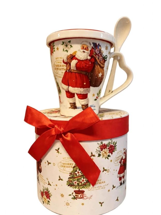 Mug Navideño con Tapa y Cuchara en Caja Regalo - Decora tu Navidad detalle de Navidad, mug con cuchara | Dkora Colombia