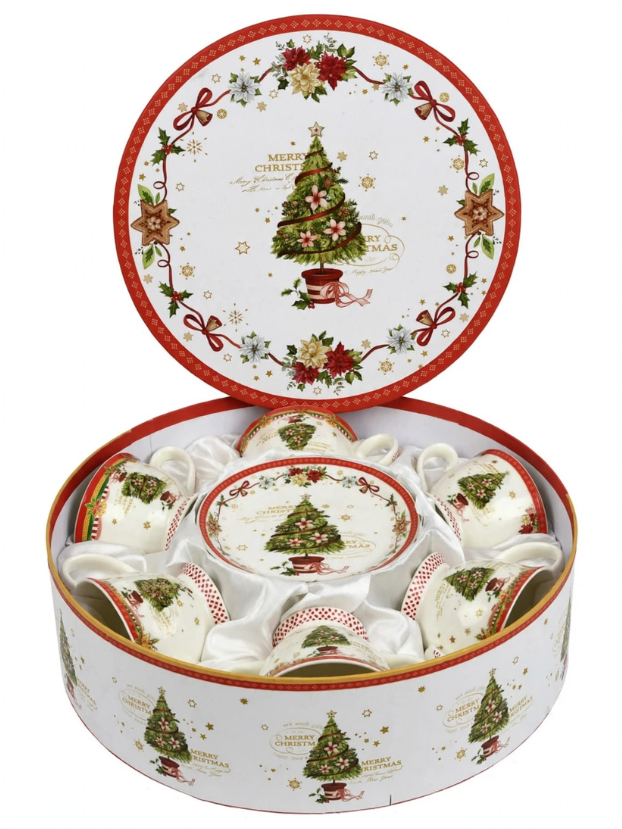 Set de 6 Pocillos y Platos Navideños en Caja Redonda - Decora tu Navidad detalle de Navidad, juego de pocillos | Dkora Colombia